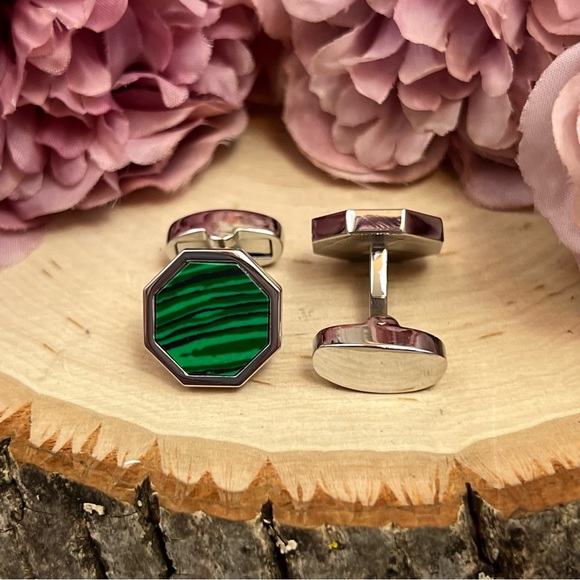 Stunning Green Malachite Silver Octagon Cufflinks Tuxedo Studs Formal 8 Pcs Set - Picture 11 of 16